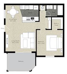 A floor plan of a house with a dining room, living room, kitchen, bath, and balcony.