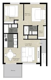A floor plan of a house with a living room, two bedrooms, a bathroom, a kitchen, a dining room, and a balcony.