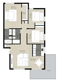 A floor plan of a house with a living room, dining room, kitchen, and two bedrooms.