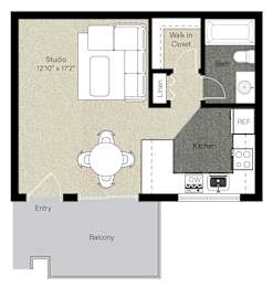 A floor plan of a home with a studio, kitchen, and balcony.