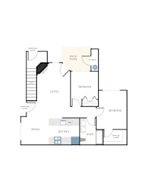 A floor plan of an apartment with two bedrooms, a living room, a kitchen, a bathroom, a dining room, and storage space.