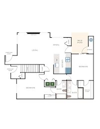 A floor plan of a house with a living room, dining room, two bedrooms, a bathroom, a deck patio, and storage.