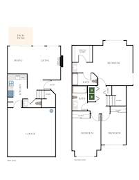 A floor plan of a two level home with a deck patio.