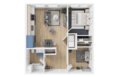 Floor Plan  A 3D floor plan of a house with a kitchen, living room, and bathroom.