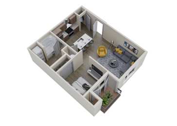 A 3D image of a small apartment with a kitchen, living room, and bedroom.
