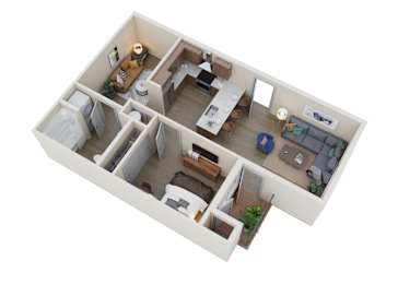A 3D floor plan of a small apartment with a kitchen, living room, and bedroom.