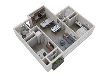 A 3D floor plan of a house with a kitchen, living room, and bedrooms.