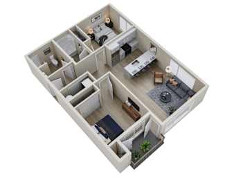 A 3D floor plan of a house with a kitchen, living room, and two bedrooms.