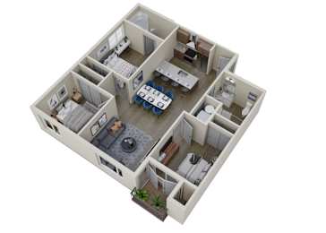 A 3D image of a house layout with a kitchen, living room, dining room, and bedrooms.