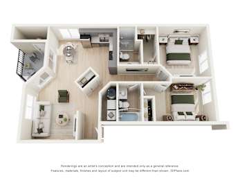 A 3D floor plan of a small apartment with a kitchen, living room, and bedroom.