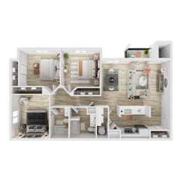 A 3D floor plan of a house with a kitchen, living room, and bedrooms.