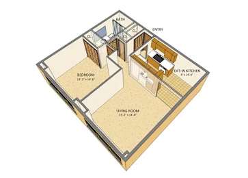 A diagram of a small house layout with a living room, bedroom, and kitchen.