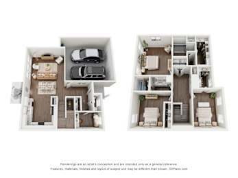 Floor Plan  A 3D floor plan of a two-bedroom apartment with a living room, kitchen, and bathroom.