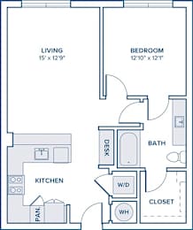 Floor Plan  A floor plan of a small apartment with a living room, kitchen, bedroom, bathroom, and closet.