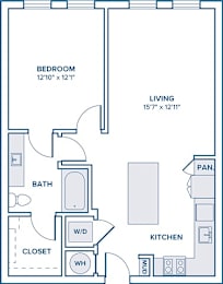 Floor Plan  A floor plan of a small apartment with a bedroom, living room, kitchen, bathroom, and closet.