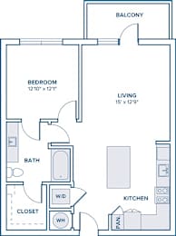 Floor Plan  A floor plan of a small apartment with a bedroom, bathroom, kitchen, and living room.
