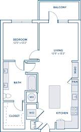 Floor Plan  A floor plan of a small apartment with a bedroom, living room, kitchen, and bathroom.