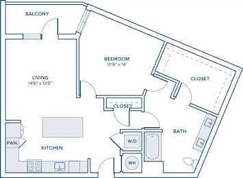 Floor Plan  A floor plan of a home with a bedroom, living room, kitchen, bathroom, and closets.