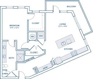 Floor Plan  A floor plan of a home with a bedroom, bathroom, closet, living room, kitchen, dining room, and laundry room.