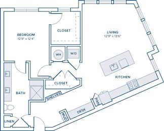 Floor Plan  A floor plan of a small apartment with a bedroom, bathroom, kitchen, and living room.