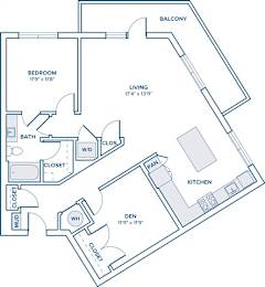 Floor Plan  A floor plan of a home with a balcony, living room, kitchen, den, bathroom, and two closets.