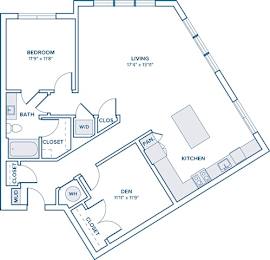 Floor Plan  A floor plan of a home with a living room, two closets, a bathroom, a kitchen, and a den.