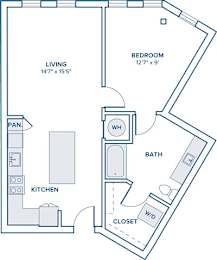 Floor Plan  A floor plan of a small apartment with a living room, kitchen, bedroom, bathroom, and closet.
