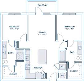 Floor Plan  A floor plan of a two-bedroom apartment with a balcony.