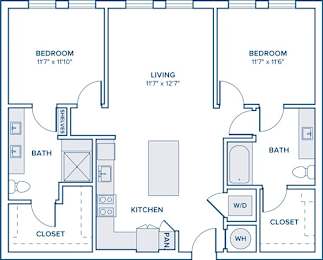 Floor Plan  A floor plan of a home with two bedrooms, a living room, a kitchen, a bathroom, and a closet.