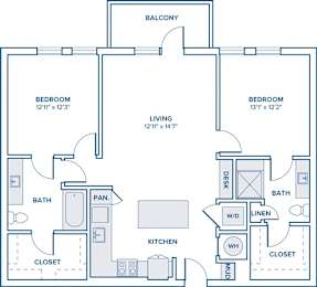 Floor Plan  A floor plan of a home with two bedrooms, a living room, a kitchen, a bathroom, a pan, a mudroom, a desk, a wardrobe, and a closet.