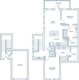 Floor Plan  A floor plan of a house with a balcony, two bedrooms, a living room, a kitchen, a bathroom, a mud room, a garage, and two closets.