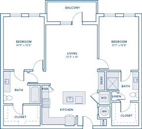 Floor Plan  A blueprint of a house layout with two bedrooms, a living room, a kitchen, a bathroom, a pan, a wash basin, a linen closet, and a balcony.
