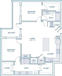 Floor Plan  A floor plan of a house with two bedrooms, a living room, a kitchen, a bathroom, a balcony, and closets.
