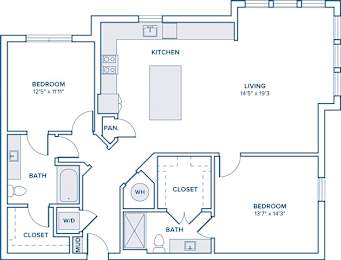 Floor Plan  A floor plan of a house with two bedrooms, a kitchen, a living room, a bathroom with a shower, and a pan.