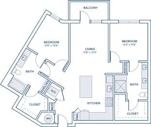 Floor Plan  A floor plan of a house with two bedrooms, a living room, a closet, a bathroom, a kitchen, and a balcony.