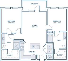 Floor Plan  A blueprint of a house layout with two bedrooms, a living room, a kitchen, and a bathroom.