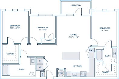 Floor Plan  A floor plan of a house with three bedrooms, a living room, a kitchen, a bath, and a balcony.