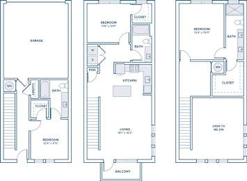 Floor Plan  Three floor plans for a house with a garage, living room, and bedrooms.