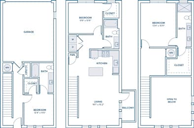 Floor Plan  Three floor plans for a house with a garage, living room, and balcony.