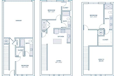 Floor Plan  Three floor plans for a house with a garage, a living area, and a bedroom.