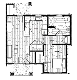 A black and white floor plan of a house with a kitchen, living room, and bathrooms.