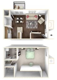 A drawing of a small apartment with a bedroom and a kitchen.