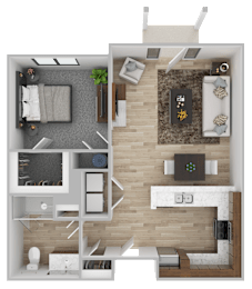 A top-down view of a small apartment with a kitchen, living room, and bathroom.