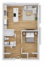 A top-down view of a small apartment with a kitchen, living room, and bedroom.