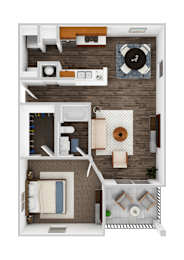 A top-down view of a small apartment with a bedroom, living room, and kitchen.