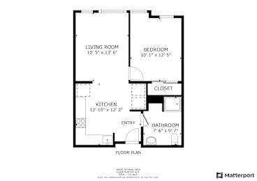 A floor plan for a home with a living room, kitchen, entry, bathroom, and two bedrooms.