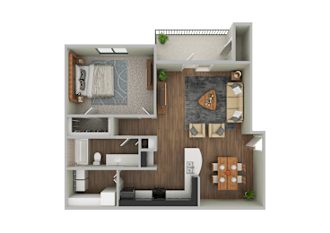 A 3D rendered image of a small apartment layout.