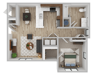 A top-down view of a small apartment with a kitchen, living room, and bedroom.