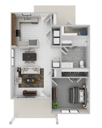 A 3D floor plan of a small apartment with a kitchen, living room, and bathroom.