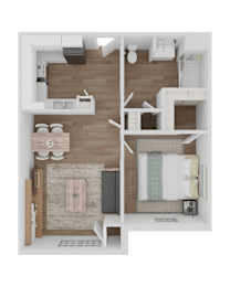 A top-down view of a small apartment with a kitchen, living room, and bathroom.